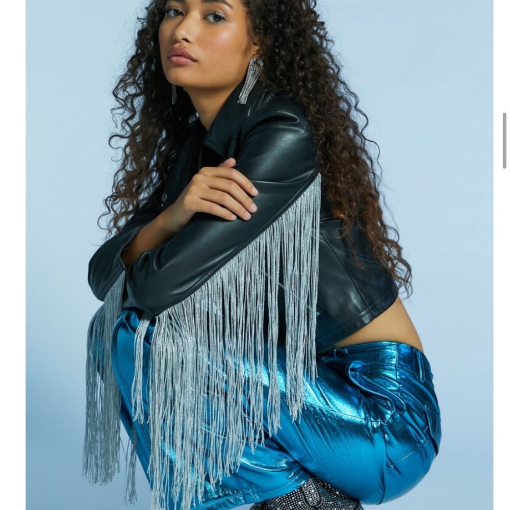 Sparkly fringe faux leather jacket